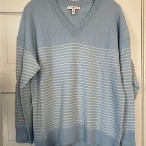 Banana Republic Sky Blue and White Striped V-Neck Sweater